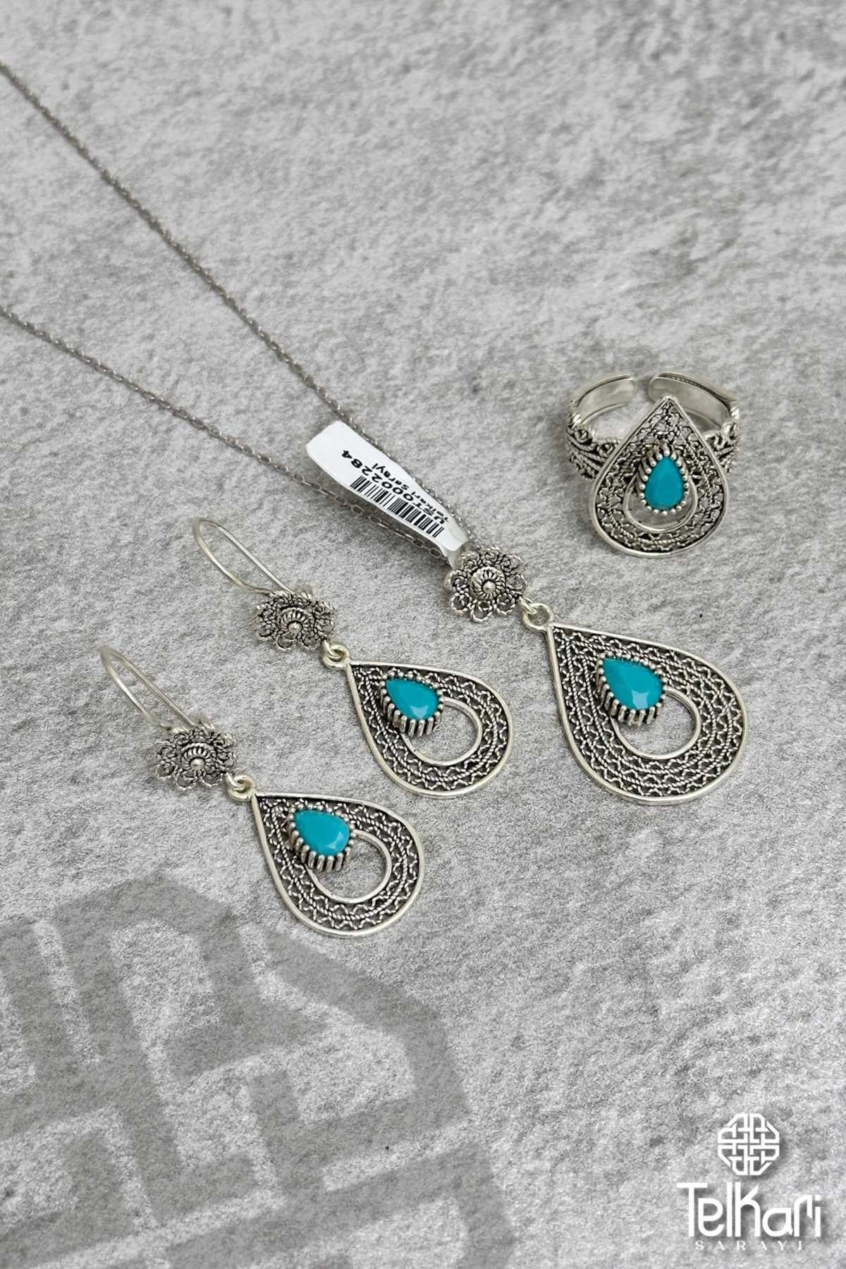 Damla Model Firuze Taşlı Midyat Oksitli Telkari Gümüş Üçlü Set