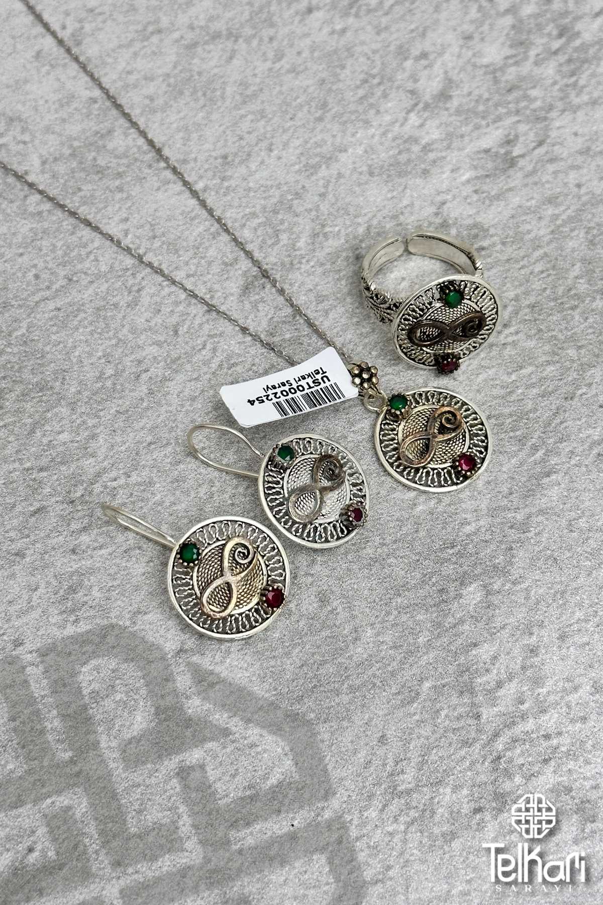 Sonsuzluk Detaylı Doğal Taşlı Midyat Oksitli Telkari Gümüş Üçlü Set