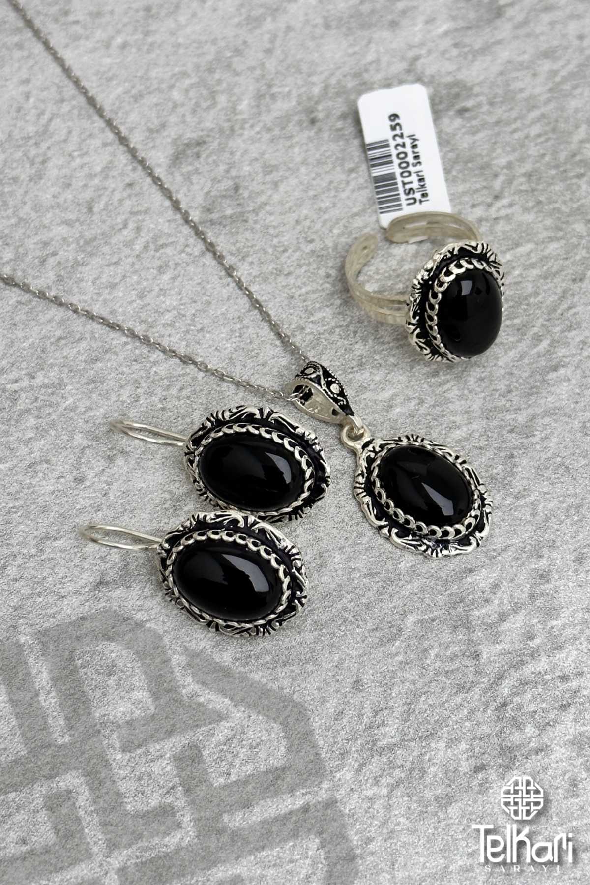 Onix Taşlı Midyat Oksitli Telkari Gümüş Üçlü Set