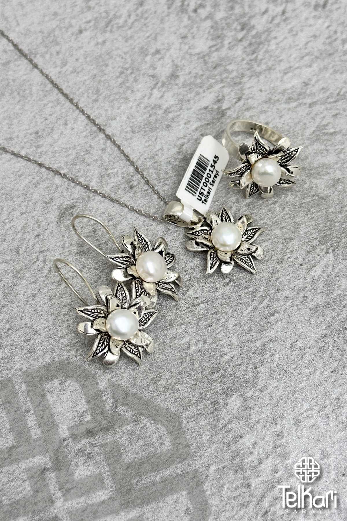 Çiçek Model İnci Tanecikli Midyat Oksitli Telkari Gümüş Üçlü Set