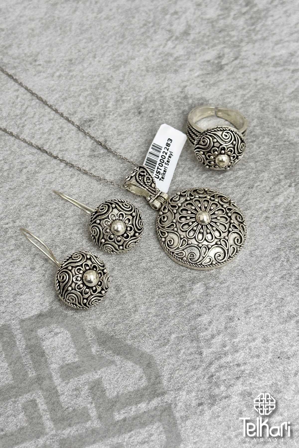 Yuvarlak Çiçek Figürlü Midyat Oksitli Telkari Gümüş Üçlü Set