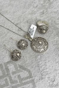 Yuvarlak Çiçek Figürlü Midyat Oksitli Telkari Gümüş Üçlü Set