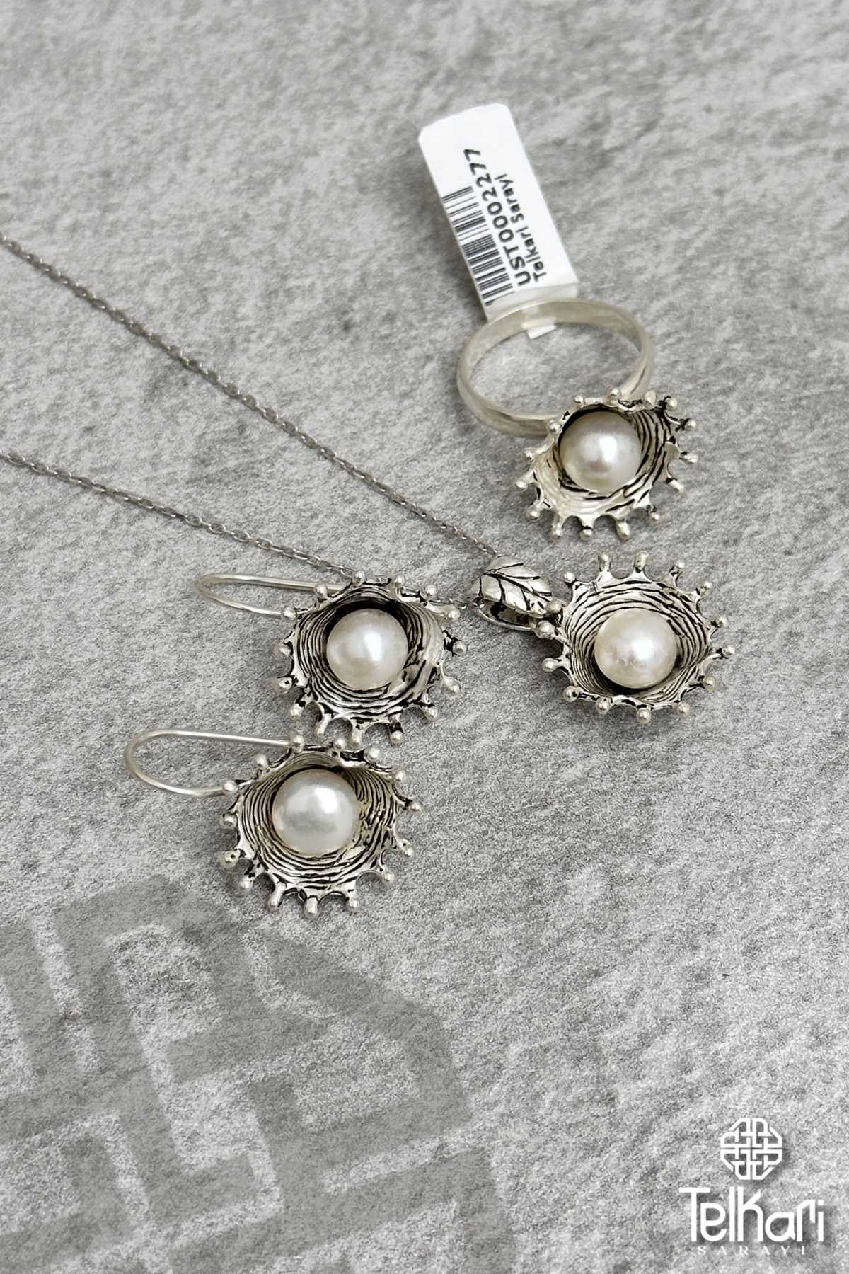 İnci Tanecikli Midyat Oksitli Telkari Gümüş Üçlü Set