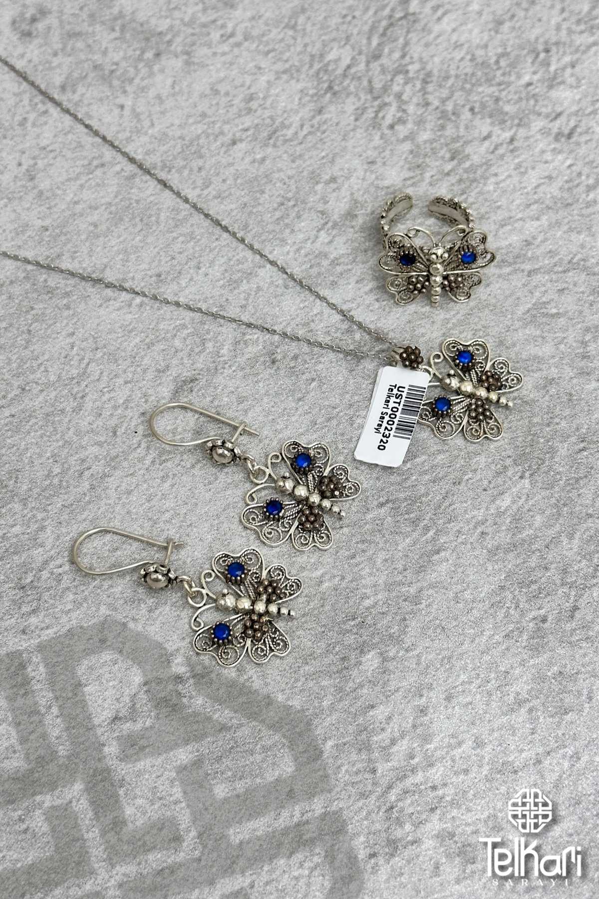 Yusufçuk Model Safir Taşlı Midyat Oksitli Telkari Gümüş Üçlü Set