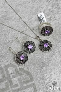 Mor Zirkon Taşlı Midyat Oksitli Telkari Gümüş Üçlü Set
