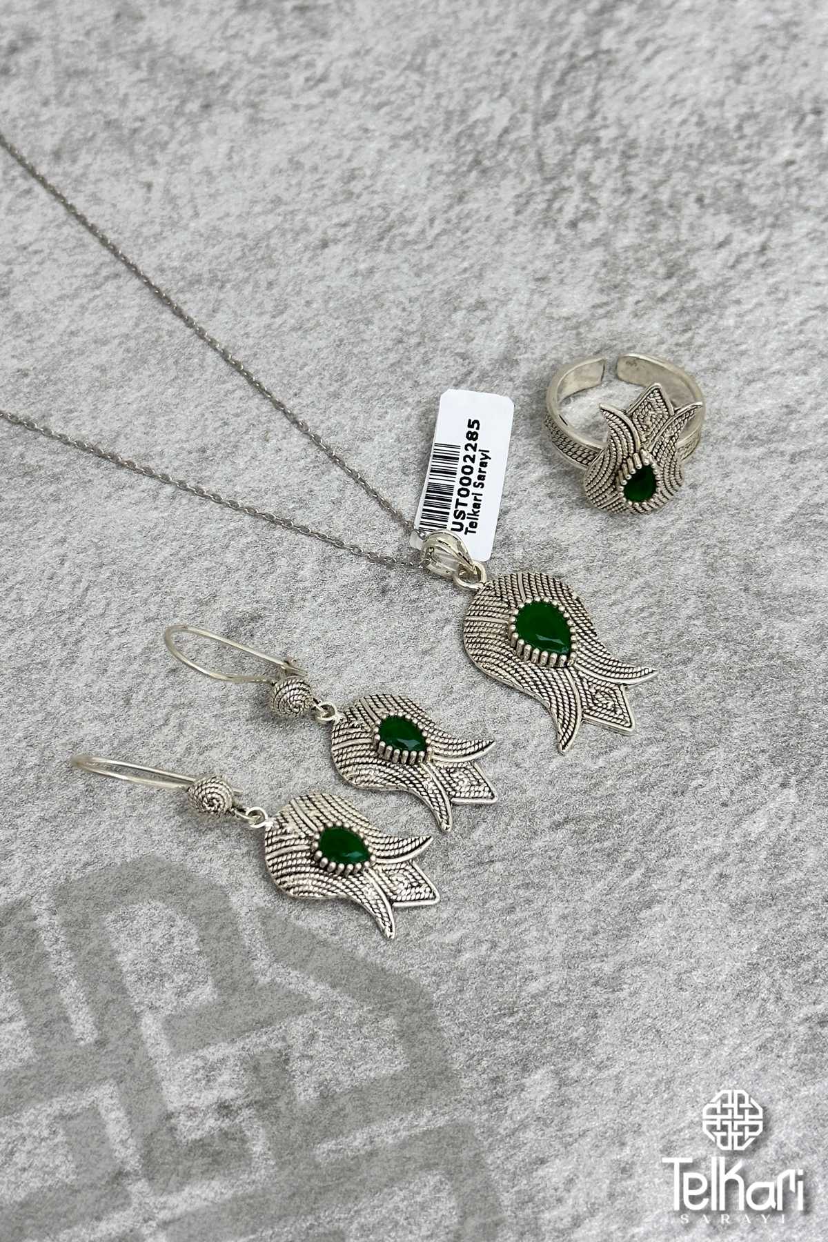 Kök Zümrüt Taşlı Midyat Oksitli Telkari Gümüş Üçlü Set