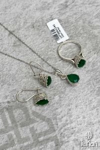 Damla Model Kök Zümrüt Taşlı Midyat Oksitli Telkari Gümüş Üçlü Set