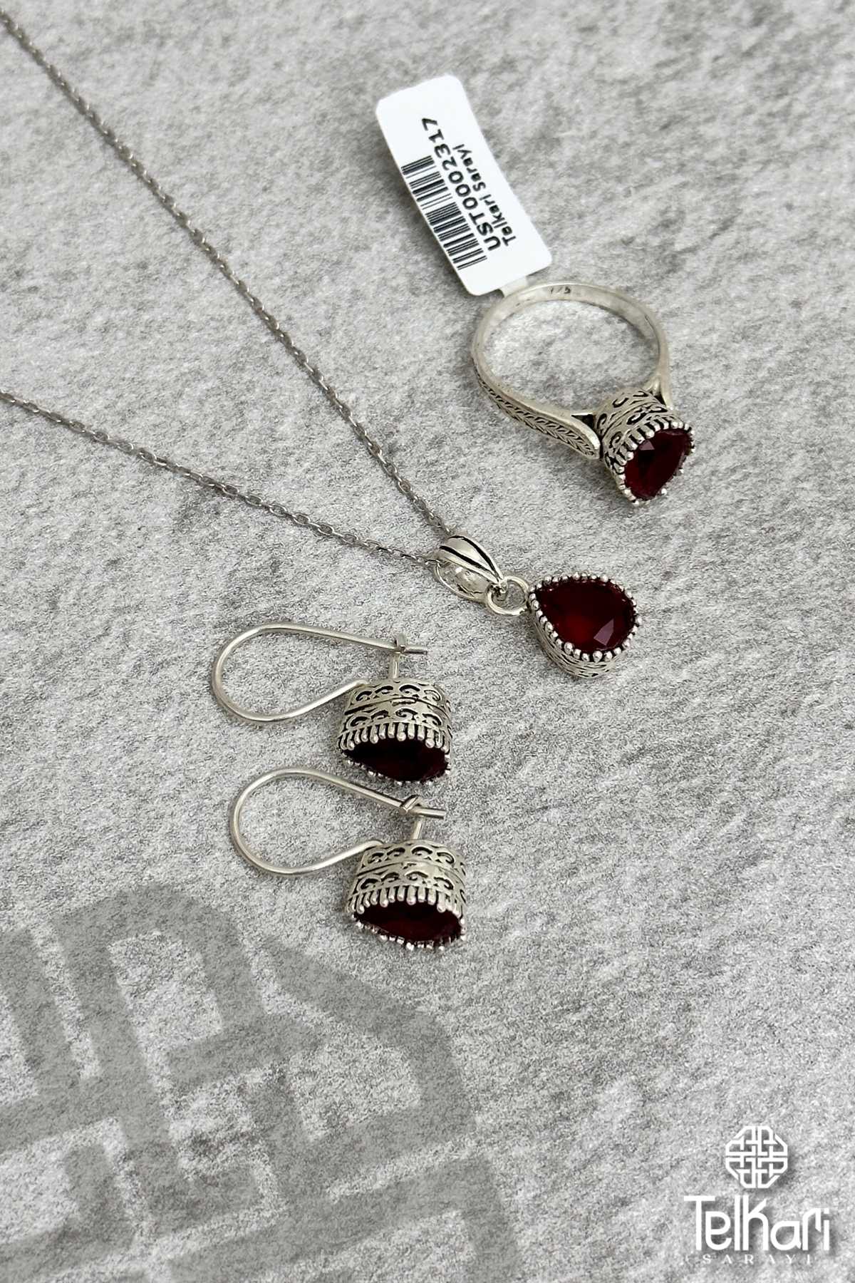 Damla Model Kök Yakut Taşlı Midyat Oksitli Telkari Gümüş Üçlü Set