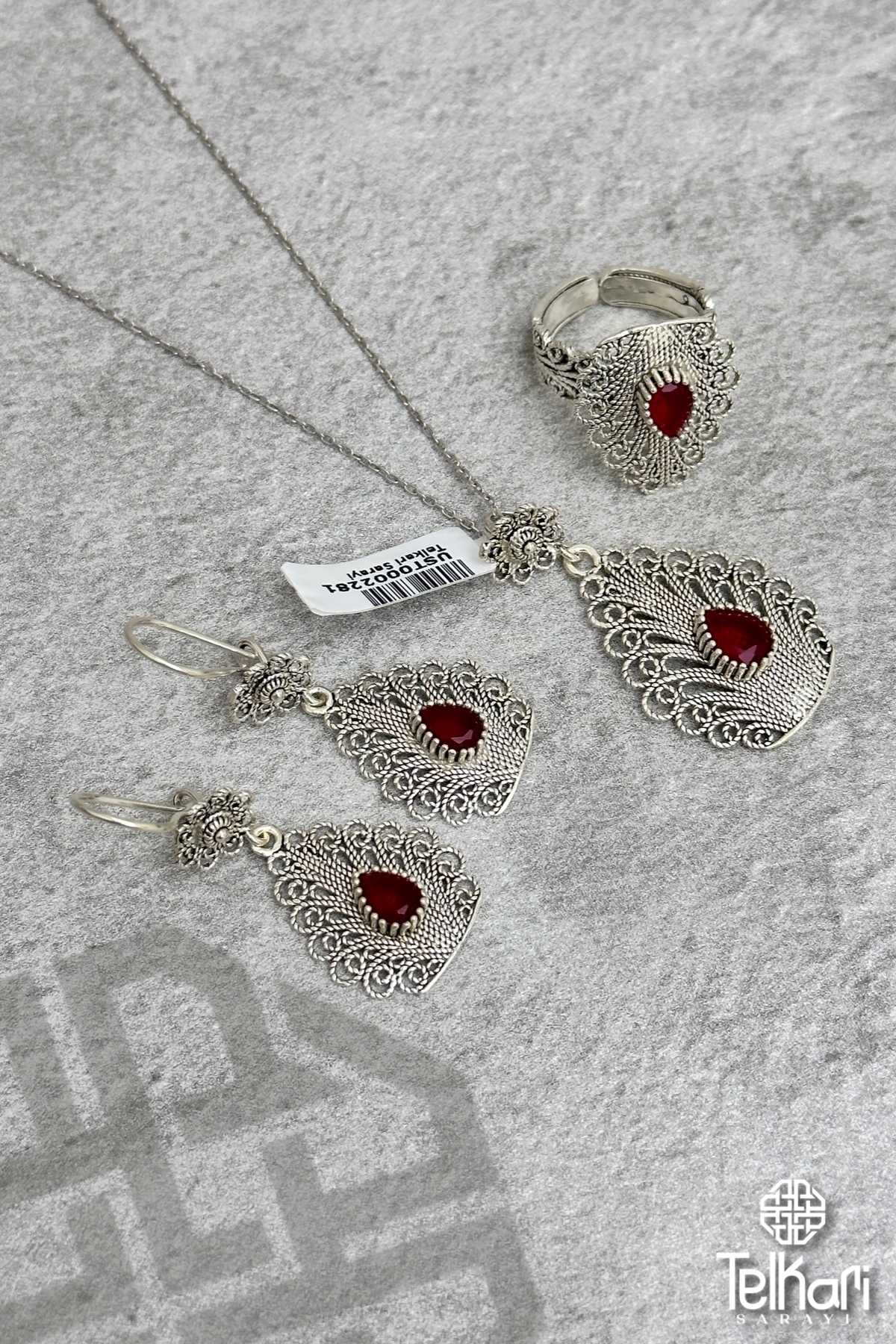 Kök Yakut Taşlı Midyat Oksitli Telkari Gümüş Üçlü Set