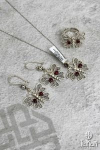 Yusufçuk Model Kök Yakut Taşlı Midyat Oksitli Telkari Gümüş Üçlü Set