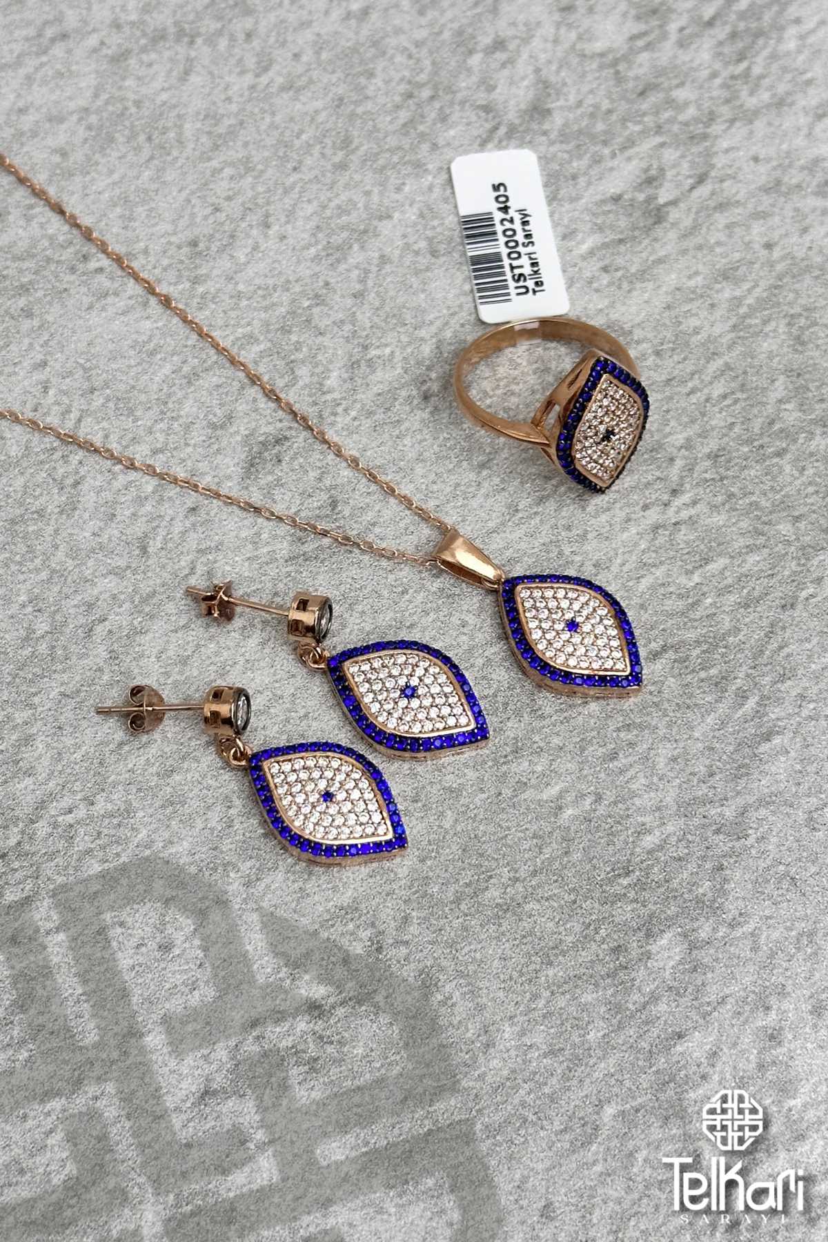 Göz Figürlü Safir Taşlı Rose Gümüş Üçlü Set