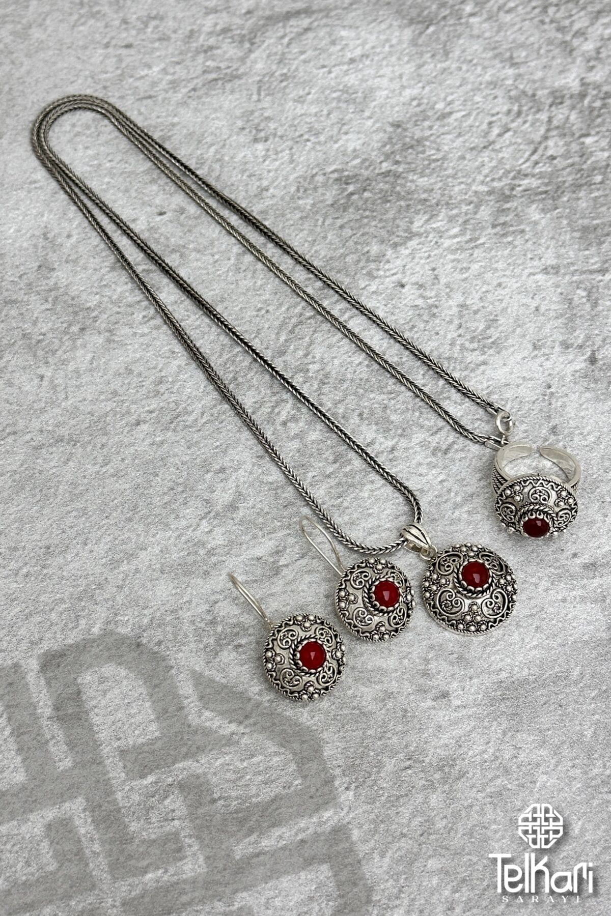 Akik Taşlı Midyat Oksitli Telkari Gümüş Üçlü Set