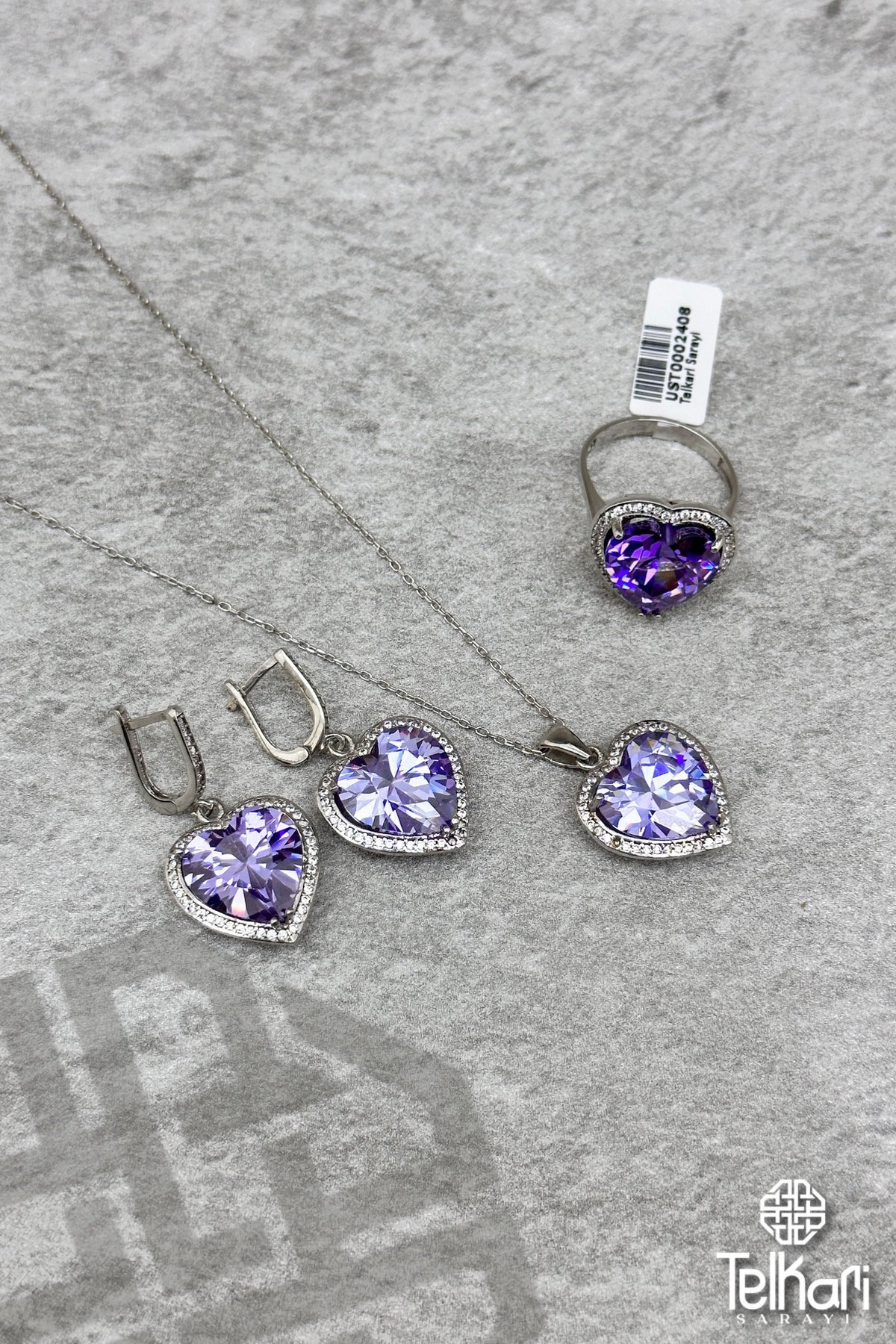 Gümüş Pırlanta Kalp Ametist Üçlü Set