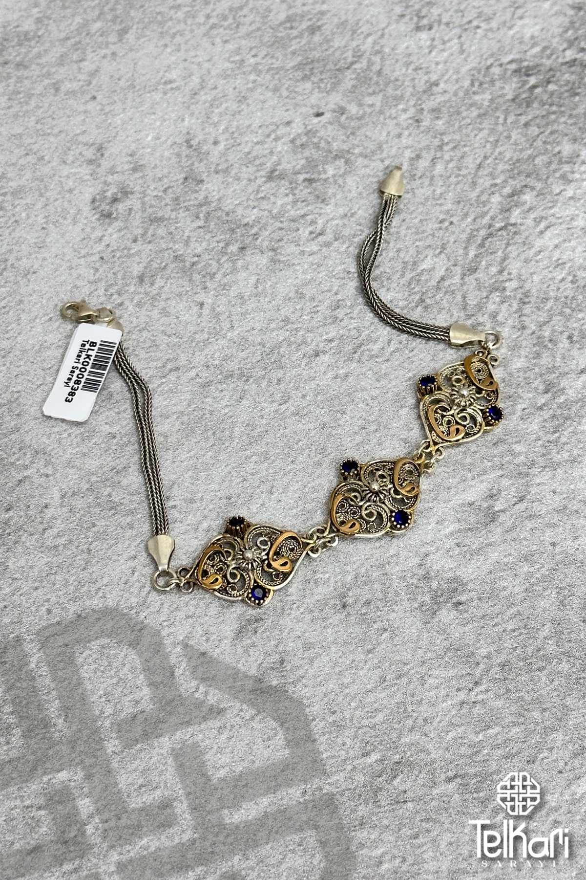 Vav Harfli Kalp Figürlü Oksitli Telkari Gümüş Bileklik