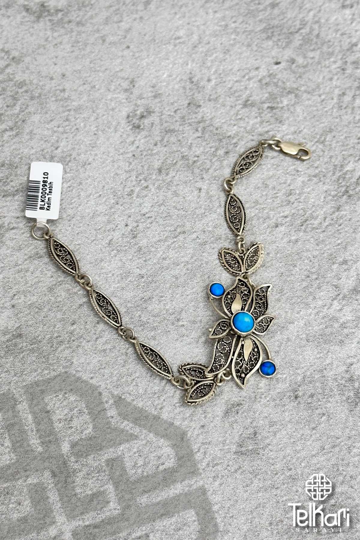 Firuze Taşlı Laleli Oksitli Telkari Gümüş Bileklik