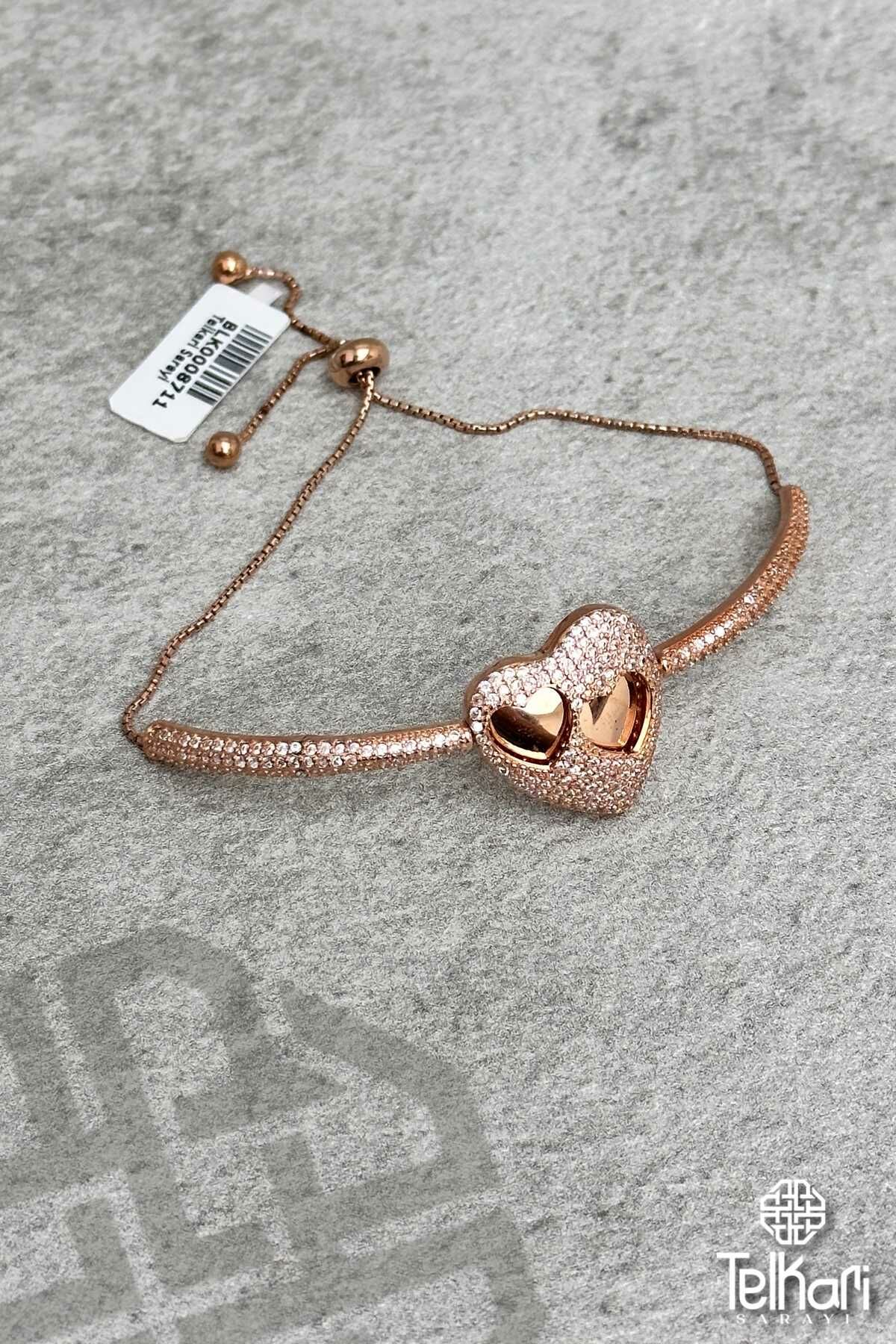 Çift Kalpli Taşlı Asansörlü Rose Gümüş Bileklik