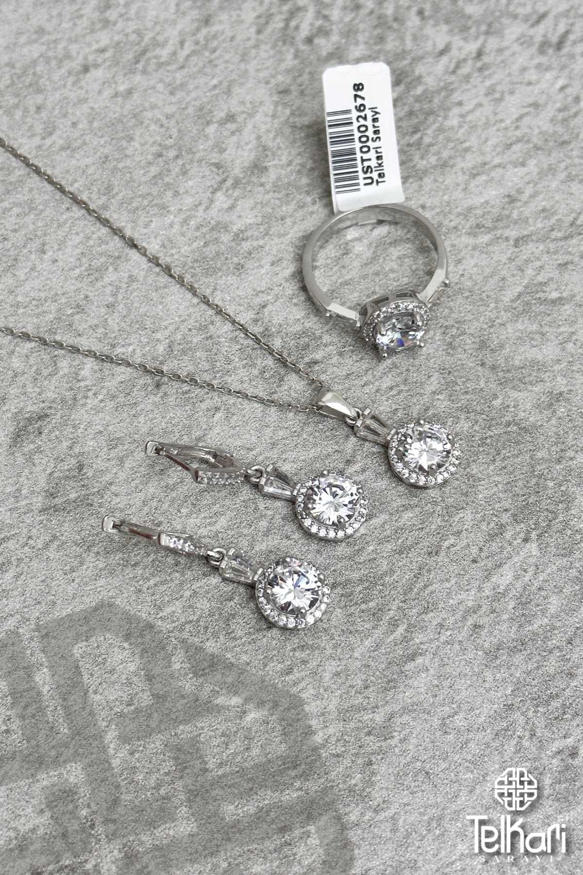 Yuvarlak Baget Model Taşlı Gümüş Üçlü Set