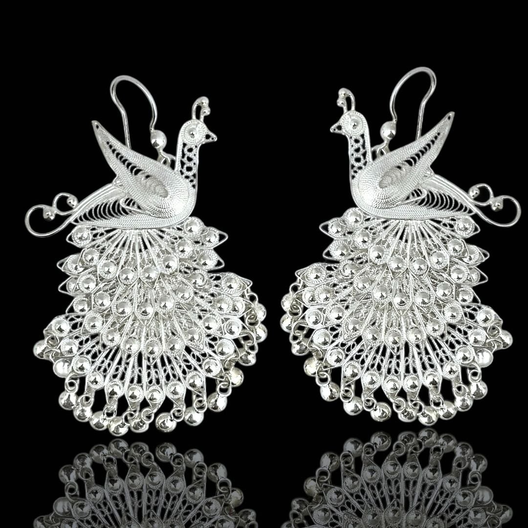 Midyat Telkari Büyük Boy Tavus Kuşu 925 Ayar Gümüş Küpe