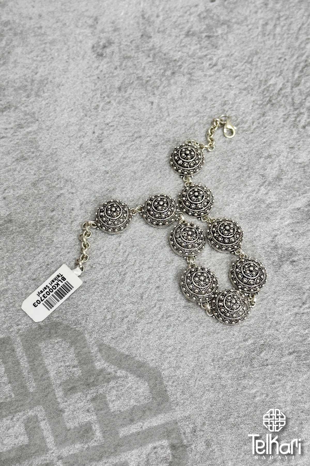 İşlemeli Halka Motifli Oksitli Telkari Gümüş Bileklik