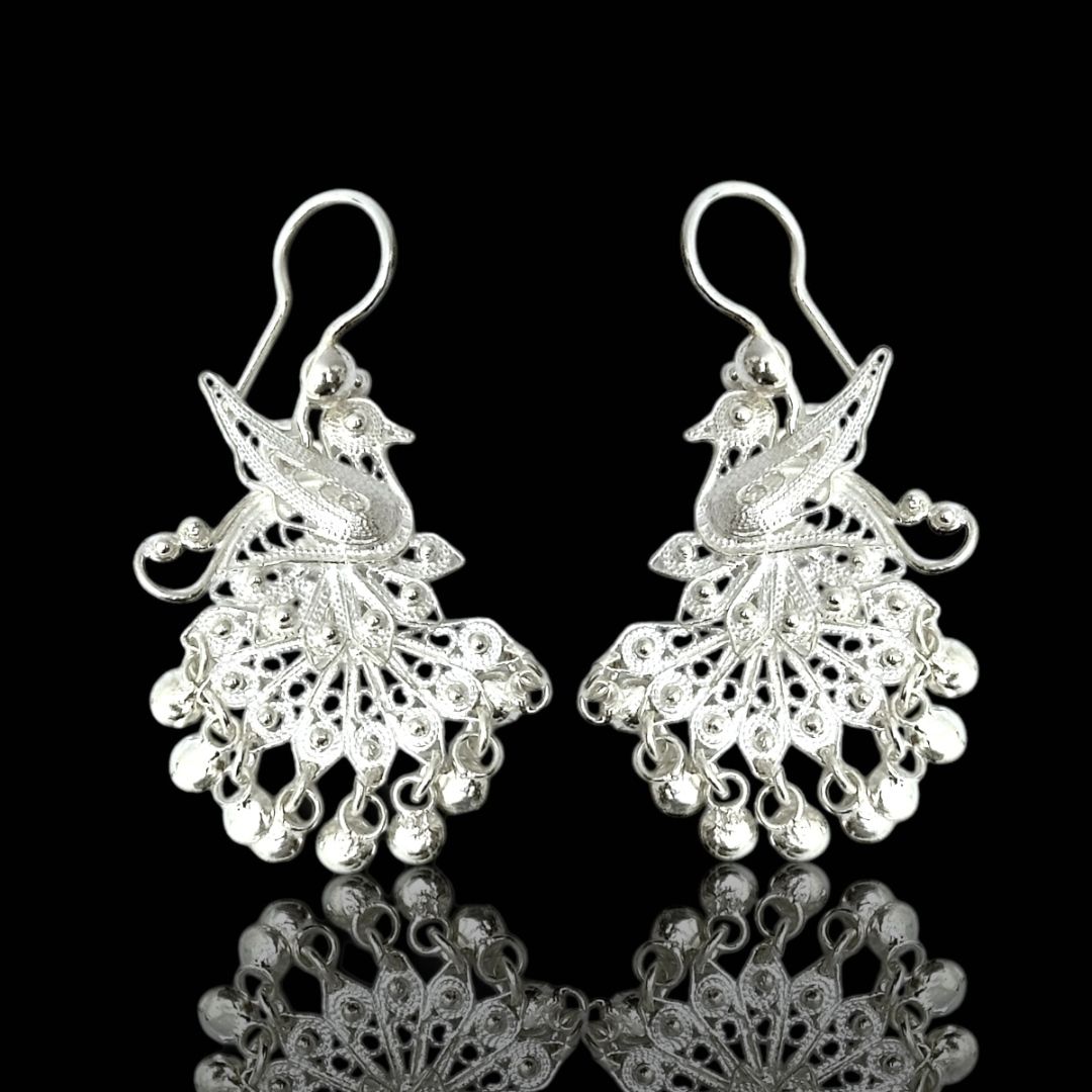 925 Ayar Sallantılı Tavus Kuşu Model Telkari Gümüş Küpe