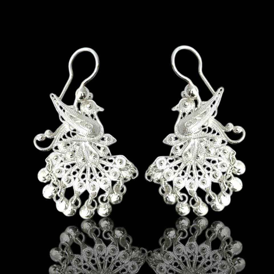 925 Ayar Sallantılı Tavus Kuşu Model Telkari Gümüş Küpe