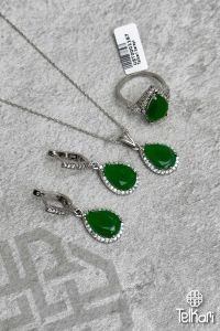 Damla Model Kök Zümrüt Taşlı Gümüş Üçlü Set