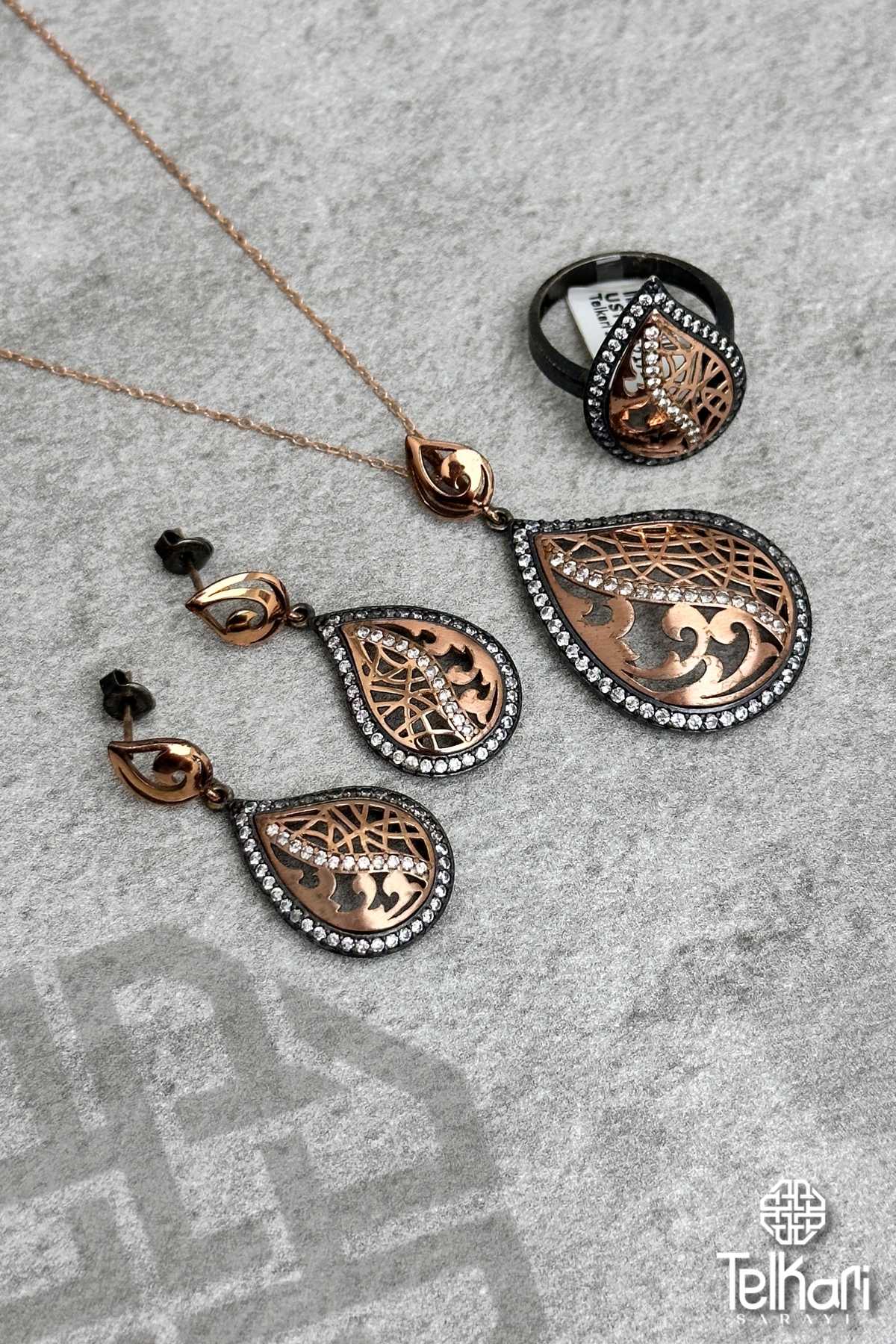 Taşlı Damla Model Gümüş Üçlü Set