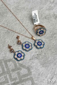 Çiçek Model Firuze ve Safir Taşlı Rose Gümüş Üçlü Set