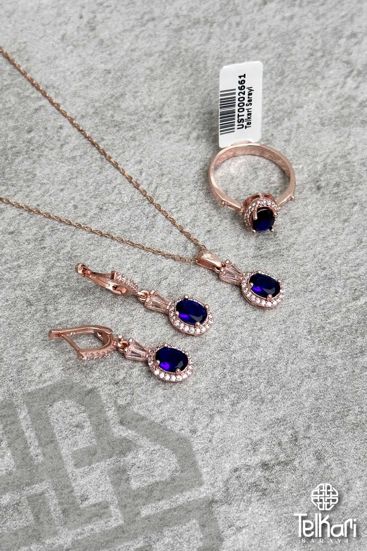 Oval Model Safir Taşlı Rose Gümüş Üçlü Set
