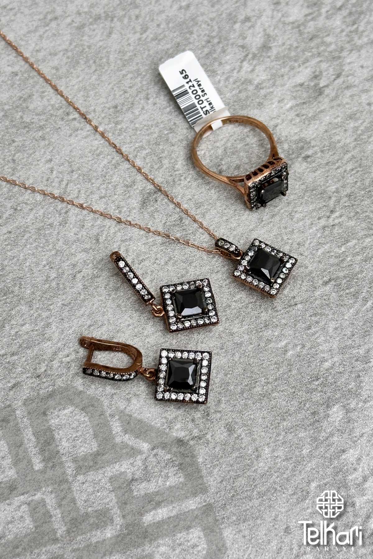 Safir Taşlı Kare Model Rose Gümüş Üçlü Set