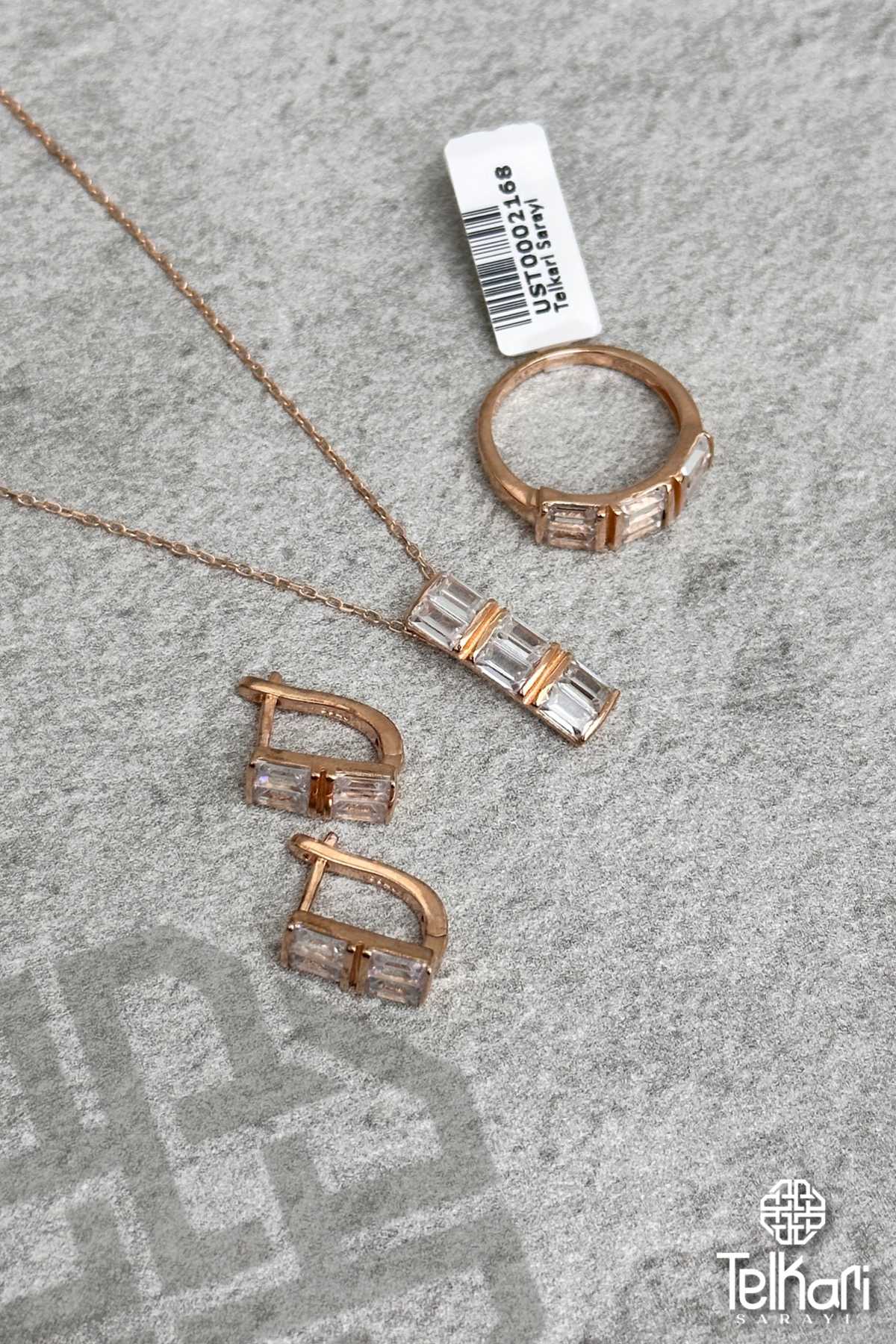 Üç Sıra Taşlı Rose Gümüş Üçlü Set