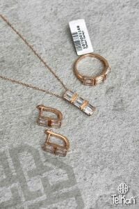 Üç Sıra Taşlı Rose Gümüş Üçlü Set