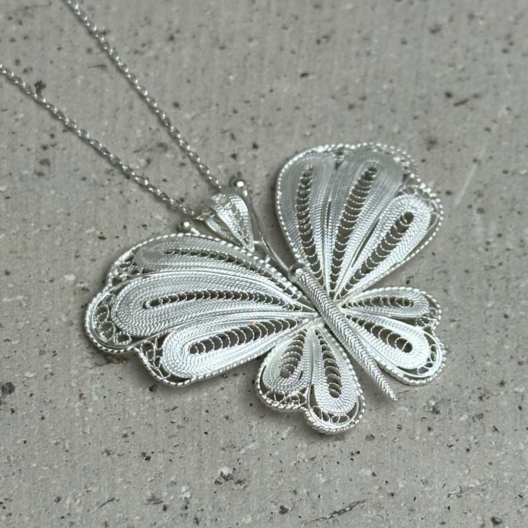 Büyük Boy Telkari Kelebek Gümüş Kolye