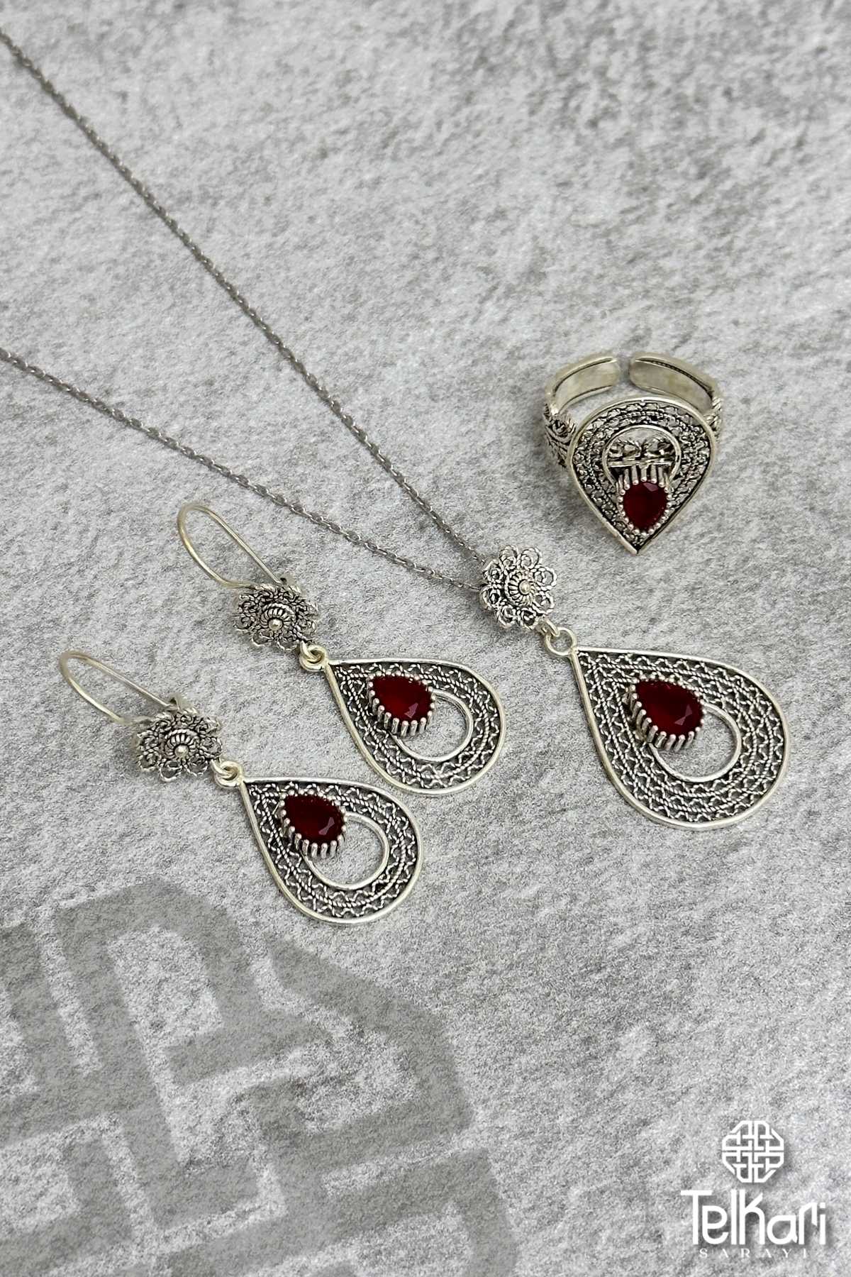 Damla Model Kök Yakut Taşlı Midyat Oksitli Telkari Gümüş Üçlü Set