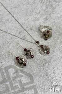 Ay Yıldız Figürlü Kök Yakut Taşlı Midyat Oksitli Telkari Gümüş Üçlü Set