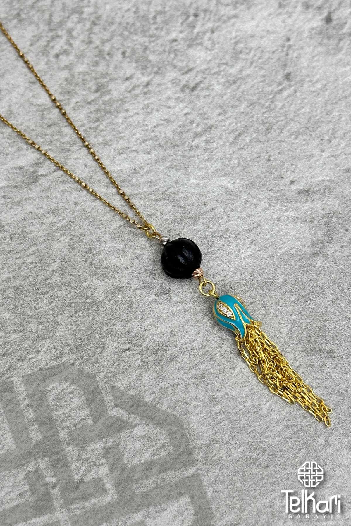 Gül Sallantılı Miski Amber Taşlı Gold Gümüş Kolye