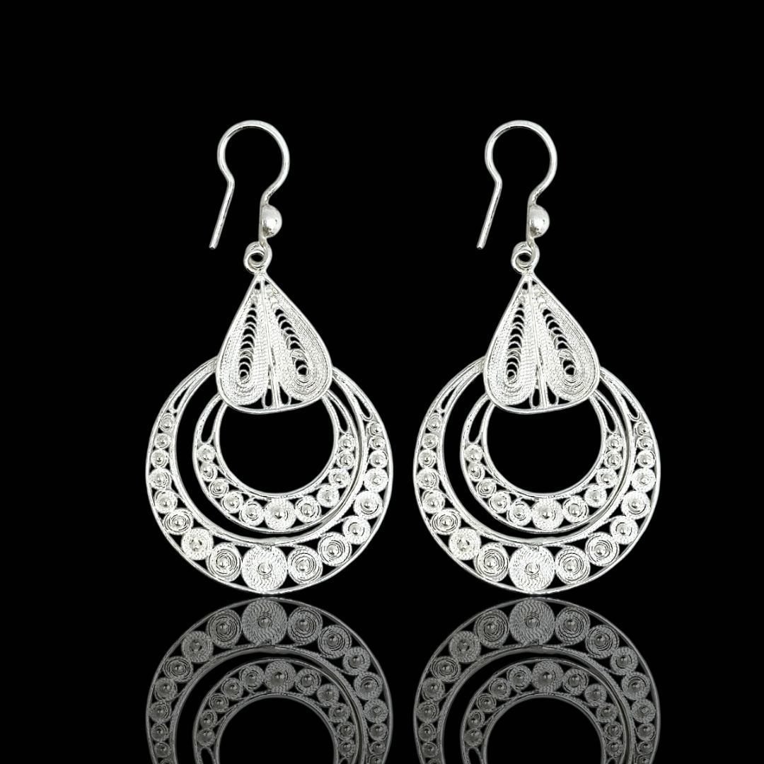 Midyat Telkarisi İç İçe Halka Tasarımlı 925 Ayar Gümüş Küpe