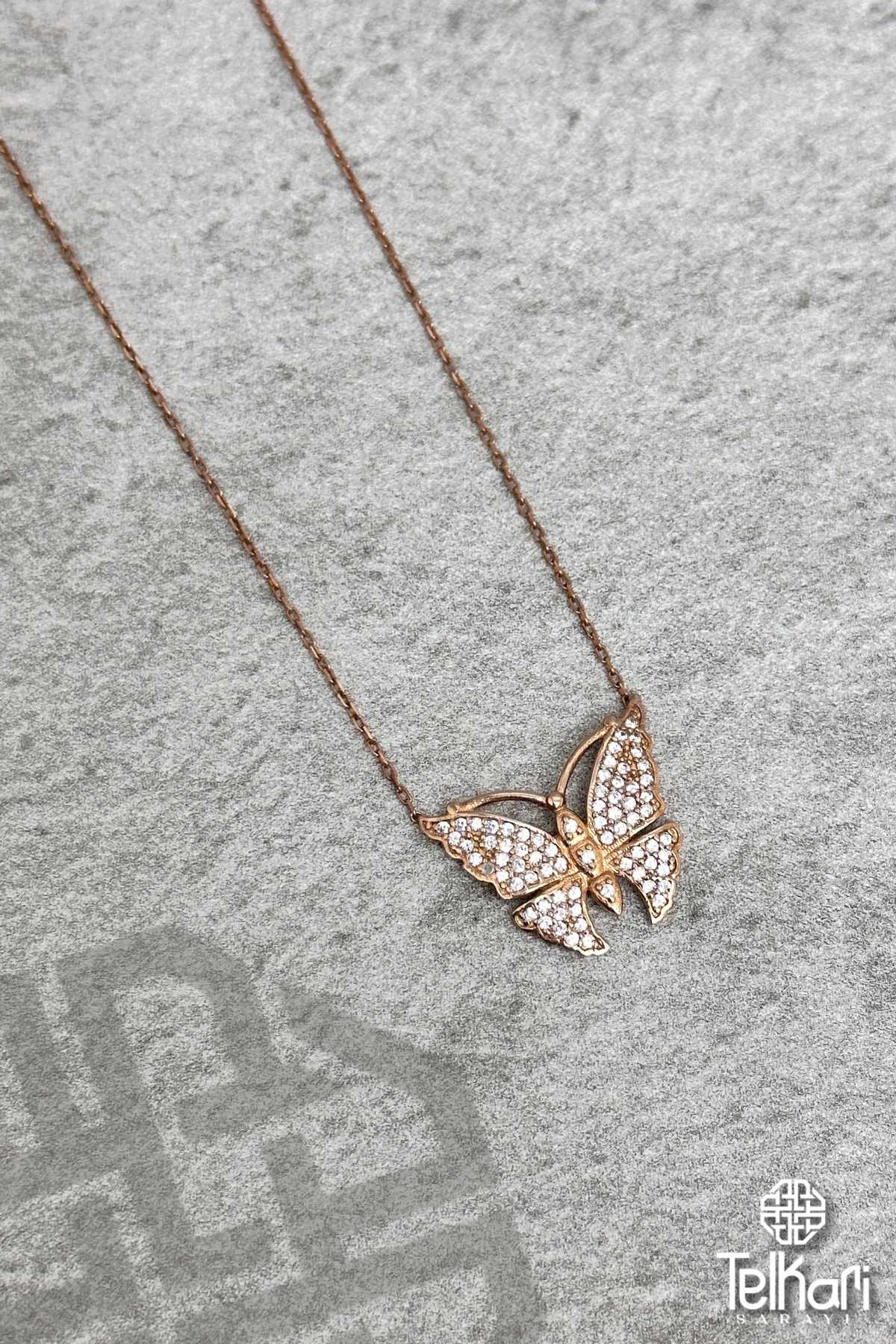 Kelebek Model  Taşlı Rose Gümüş Kolye