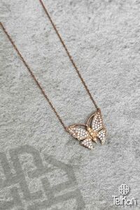 Kelebek Model  Taşlı Rose Gümüş Kolye