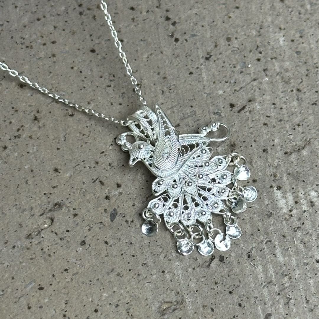 Tavus Kuşu Tasarımlı Telkari Gümüş Kolye