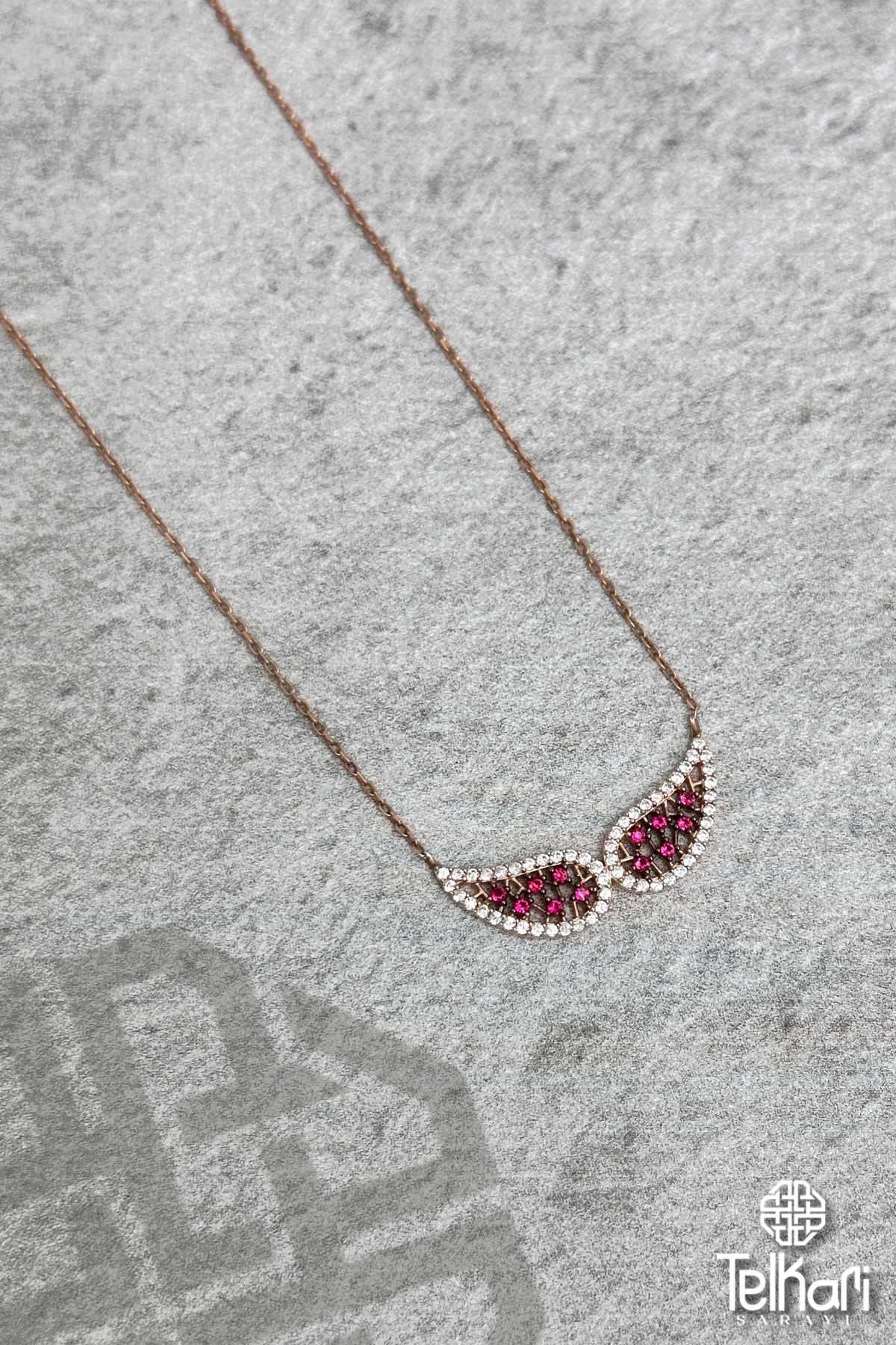 Kanat Model Taşlı Rose Gümüş Kolye