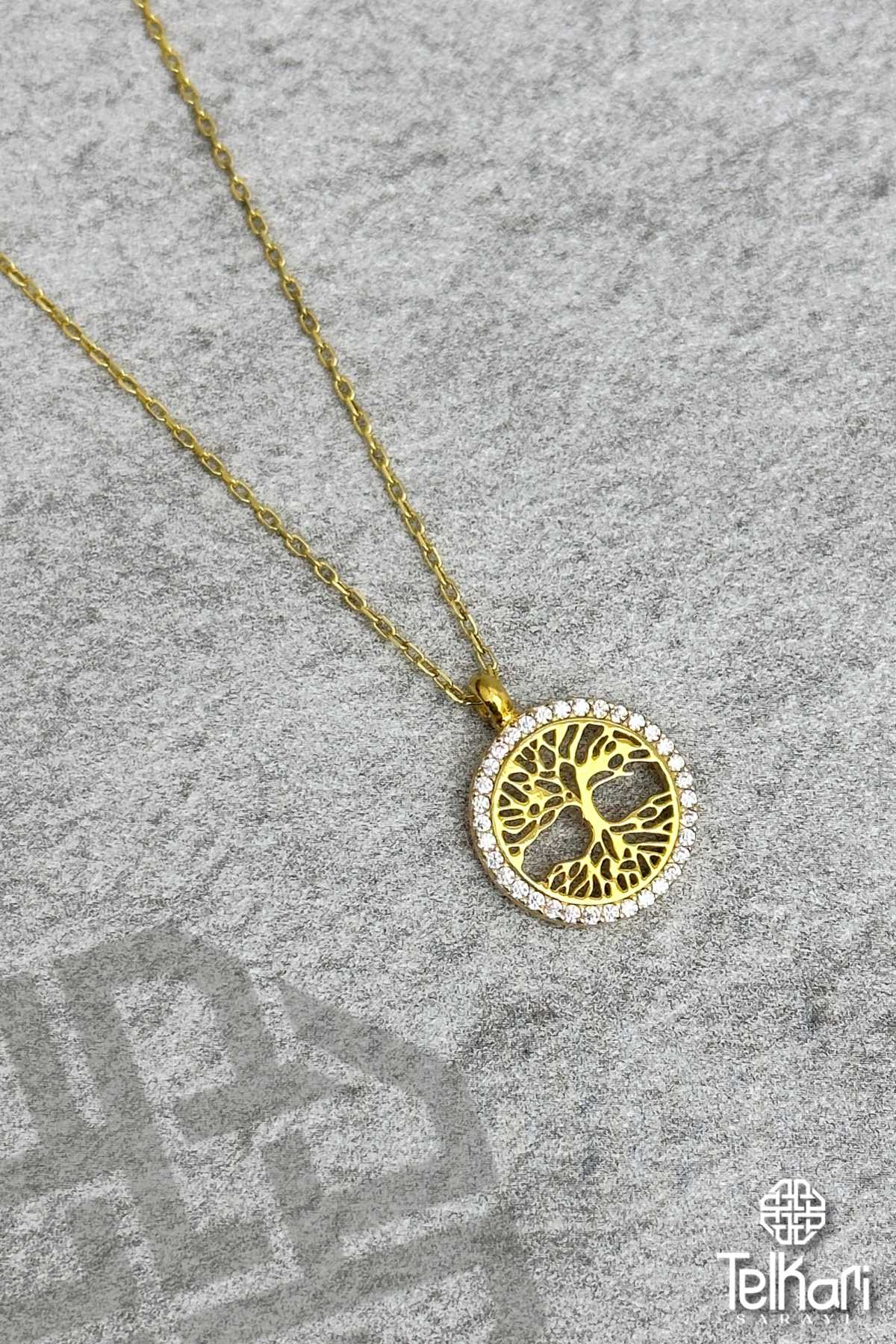 Hayat Ağacı Model Gold Gümüş Kolye