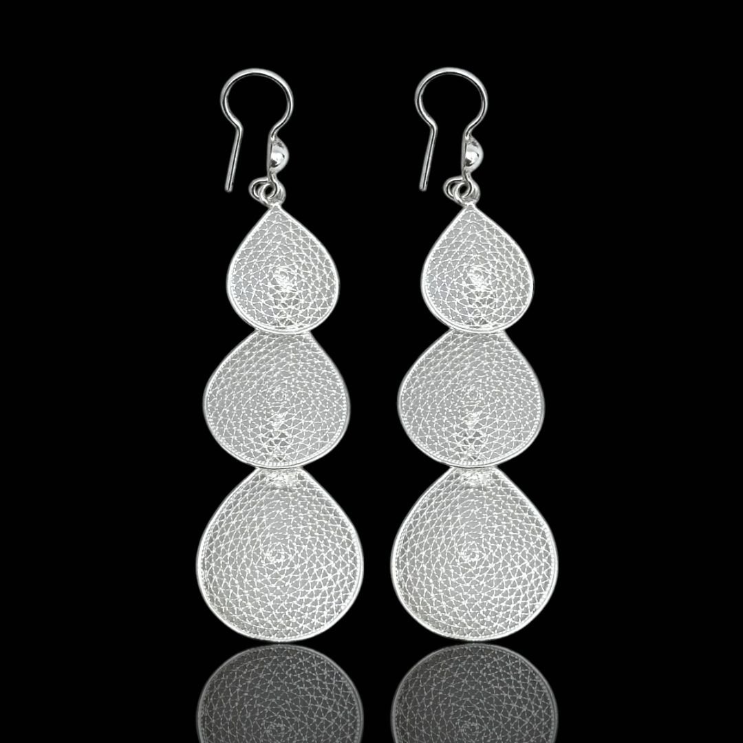 Üçlü Damla Model Telkari Gümüş Küpe