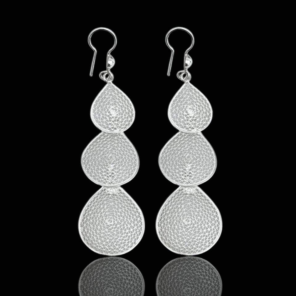 Üçlü Damla Model Telkari Gümüş Küpe