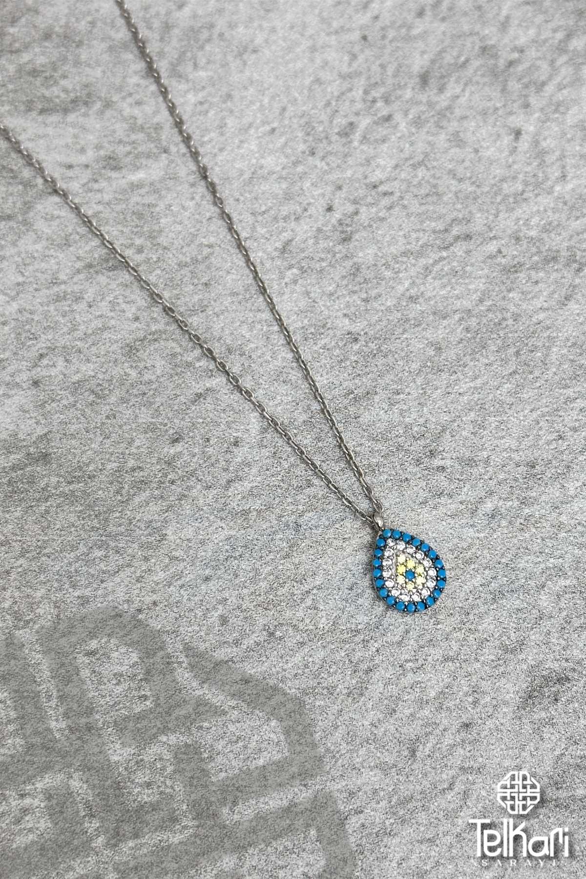 Damla Model Nazar Figürlü Taşlı Gümüş Kolye