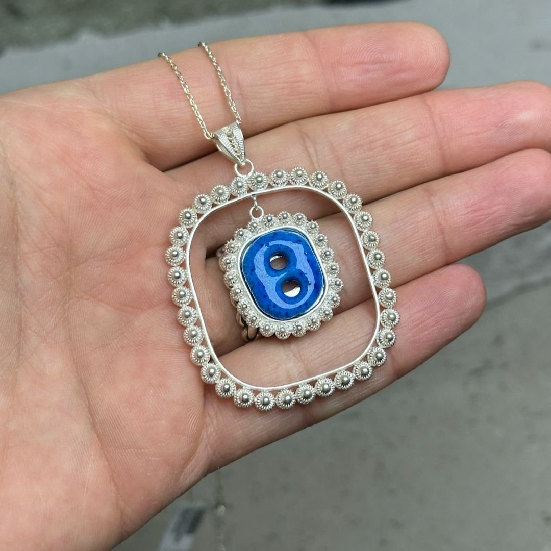 İki Gözlü Nazarlık Detaylı Kare Model Gümüş Telkari Kolye