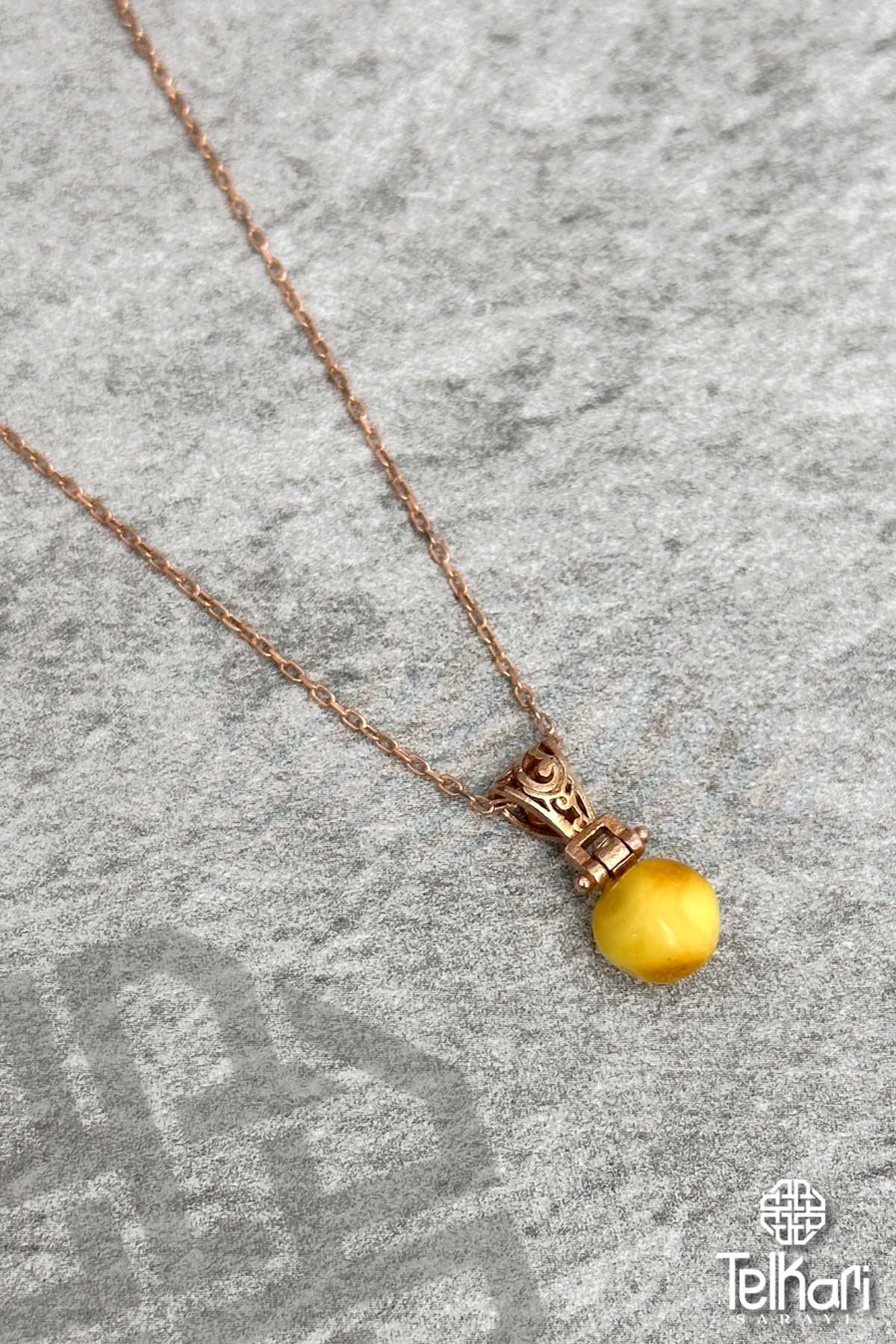 Doğal Damla Kehribar Taşlı Rose Gümüş Kolye