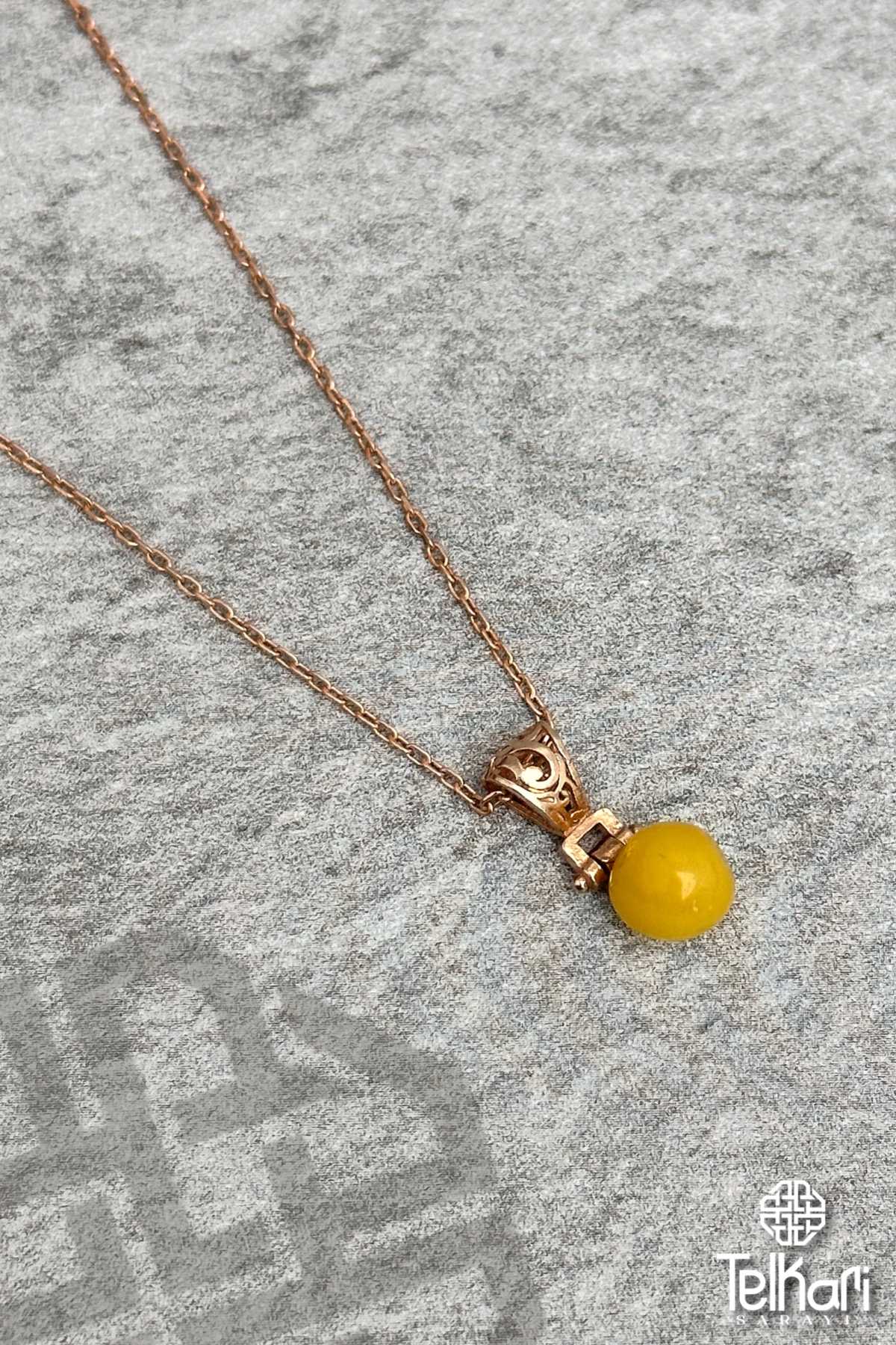 Damla Kehribar Taşlı Rose Gümüş Kolye