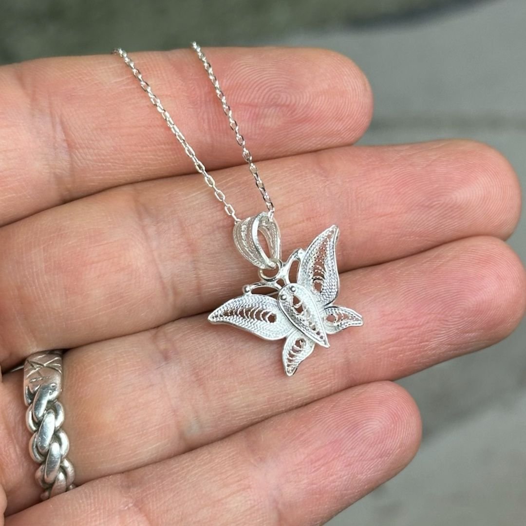 El İşçilikli Kelebek Model 925 Ayar Telkari Gümüş Kolye