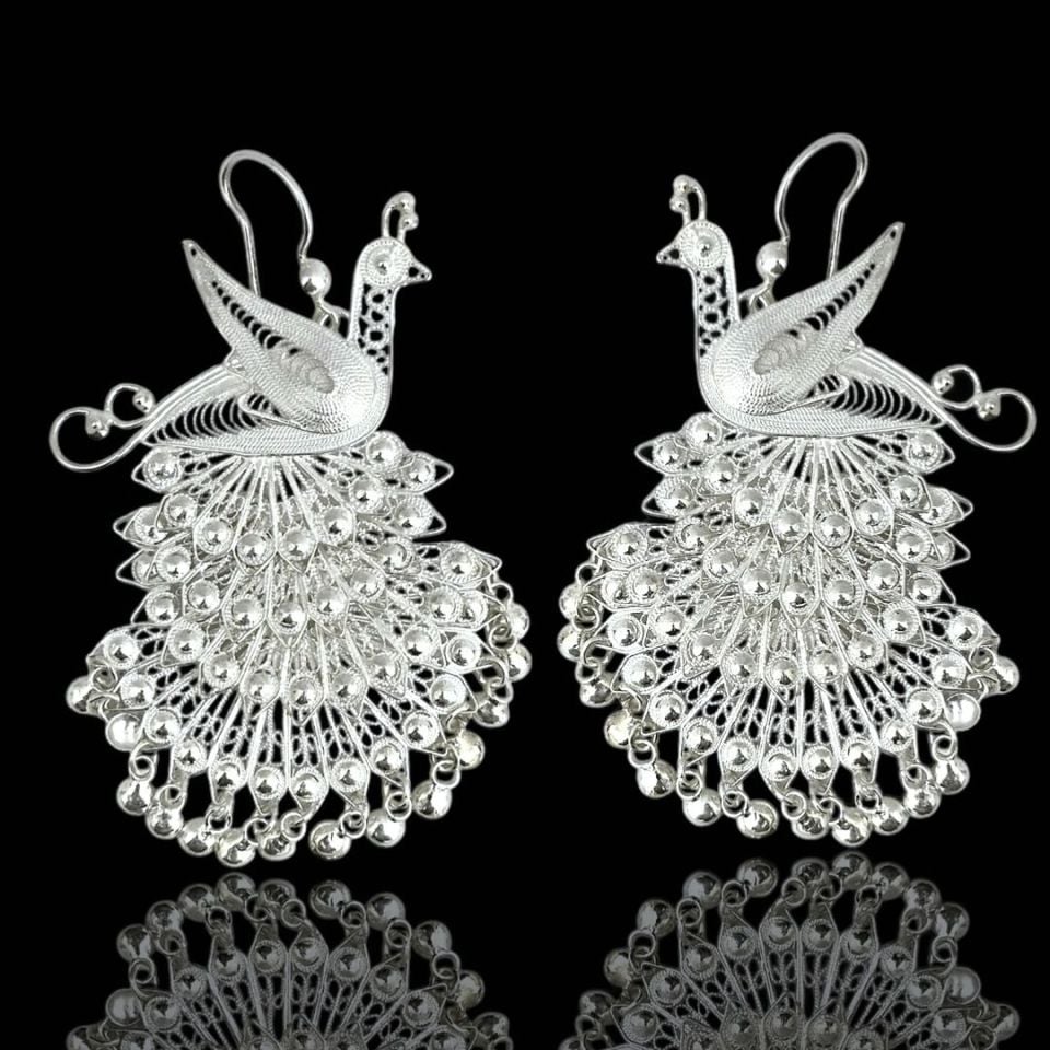 Büyük Boy Tavus Kuşu 925 Ayar Gümüş Midyat Telkari Küpe